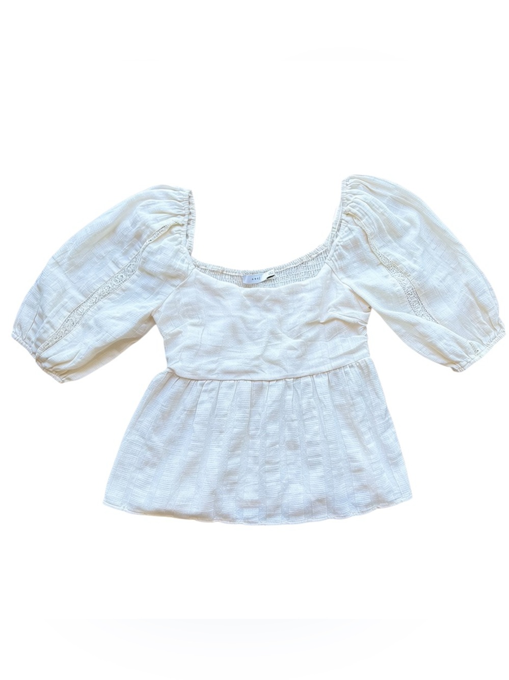 Lush Cream Eyelet Puff Sleeve Smocked Top Cottagecore Boho Lace Trim Milkmaid M